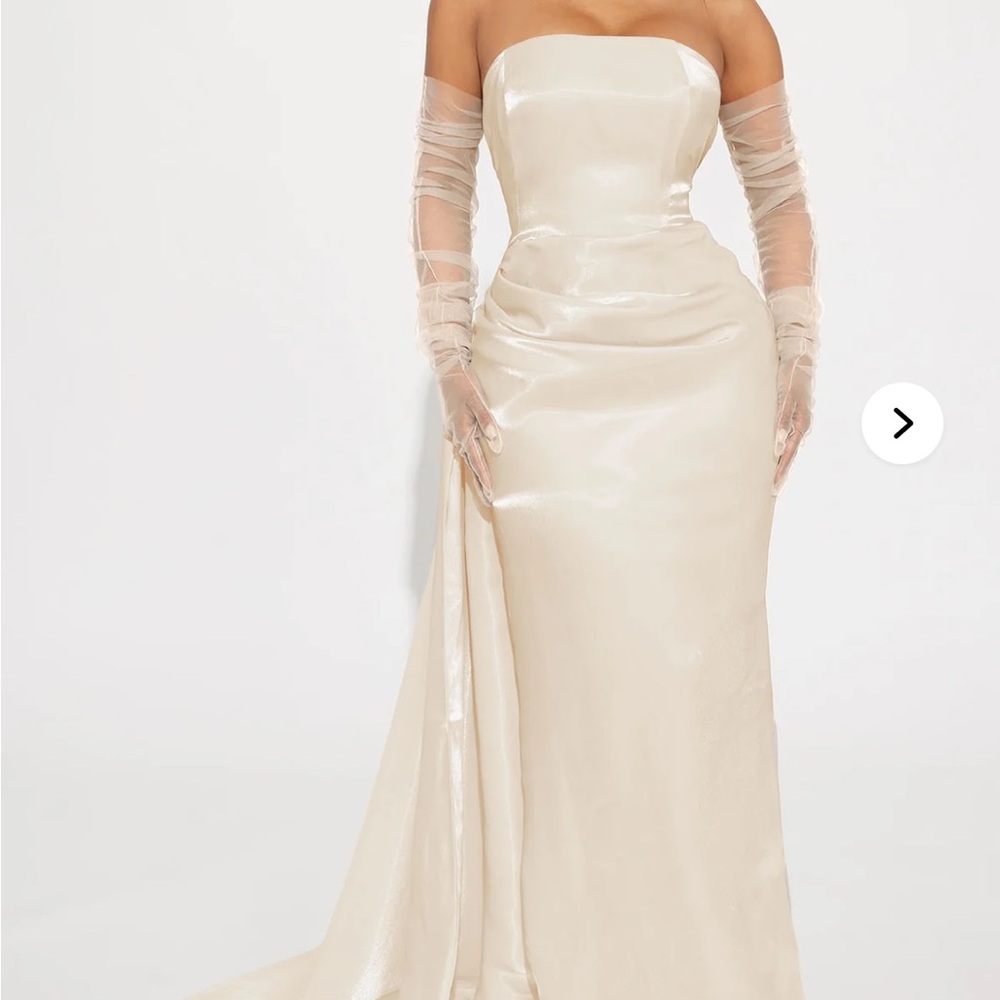 Cream Evening Gown with sheer gloves